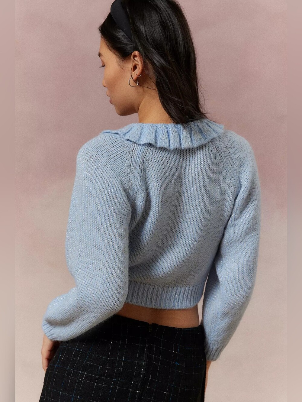 Kimchi Blue Mirabell Light Blue Sparkly Knit Cardigan with Ruffle Collar Cropped - Picture 4 of 13